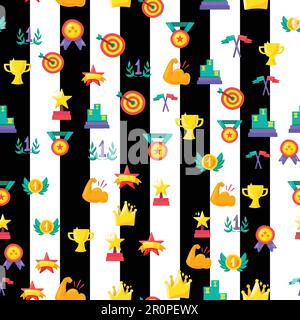 Awards seamless color vector pattern. Winner trophies, medals, rewards, prizes striped background Stock Vector