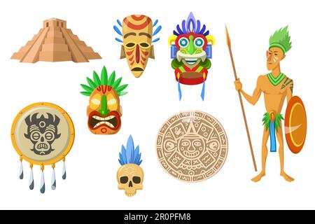 Aztec warrior of ancient tribe, man in headdress crown holding shield ...