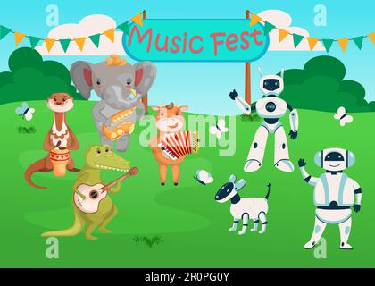 Robots and animals musicians playing musical instruments Stock Vector