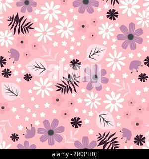 Seamless pink flourish pattern with field flowers, plants and leaves Stock Vector
