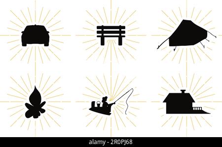 Outdoors recreation symbols set with black shape. Country rest symbols set with leisure silhouettes. Vintage trip, travel and outdoor activity emblems Stock Vector