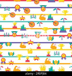 Awards seamless color vector pattern. Striped winner background with trophy, medals, rewards, prizes Stock Vector