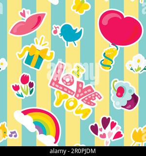 Vector Romantic Love Seamless Pattern in doodle style with shape. Girl fashion ornament. Nice cartoon background. Fun backdrop. Stock Vector