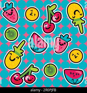 Vector Summer Fruits Patterns in cartoon style. Fruits and berries. Sweet backdrop Stock Vector
