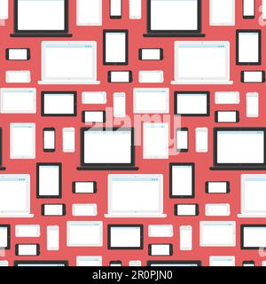 Vector stylish seamless pattern with notebook, smartphone and tablet in flat style. Cartoon design backdrop about technology, IT, internet, social net Stock Vector