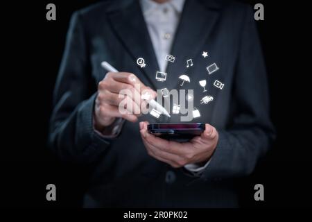 Human with technology, Digital marketing media on virtual screen Stock Photo
