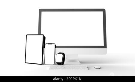Blank screen - mockup of Computer, tablet, smartphone, smartwatch keyboard and mouse isolated on white background high quality details -3D rendering Stock Photo