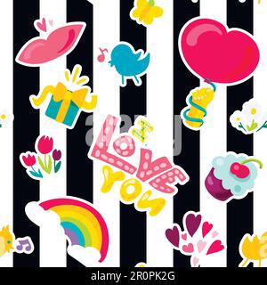 Vector Romantic Love Seamless Pattern in doodle style with shape. Girl fashion ornament. Nice cartoon background. Fun backdrop. Stock Vector