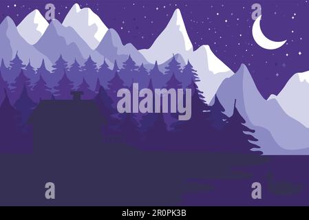 Forest house in the night coniferous forest near the mountains under moon. Vector Stock Vector