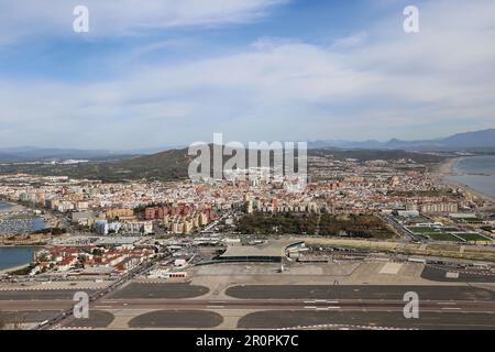 Gibraltar Airport and Spanish Border seen from the Nature Reserve, Gibraltar, British Overseas Territory, United Kingdom, UK, Mediterranean Sea, Euro Stock Photo