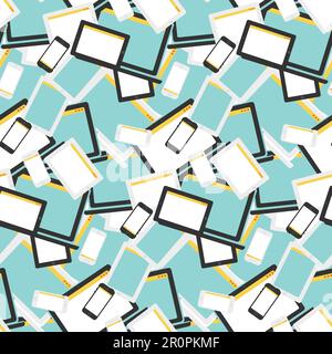 Stylish seamless pattern with notebook, smartphone and tablet in flat style. Cartoon design backdrop Stock Vector