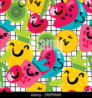 Fruits characters seamless vector pattern. Grid background with smiling kiwis, oranges, strawberries Stock Vector