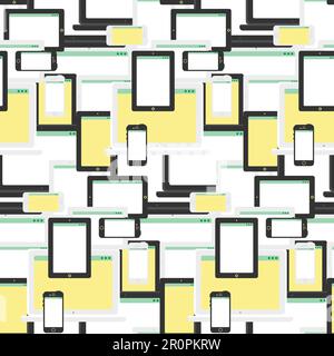 Stylish seamless pattern with notebook, smartphone and tablet in flat style. Cartoon design backdrop Stock Vector