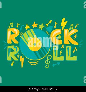 Retro music text Rock'n'roll with vinyl plate. Musical concert poster and inspirational print. Vector Stock Vector