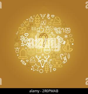 Bauble silhouette with Xmas holiday linear icons. Christmas ball with isolated festive decorations Stock Vector
