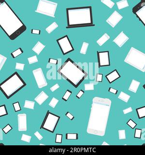 Vector stylish seamless pattern with notebook, smartphone and tablet in flat style. Cartoon design backdrop about technology, IT, internet, social net Stock Vector