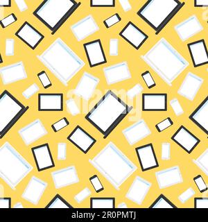 Vector stylish seamless pattern with notebook, smartphone and tablet in flat style. Cartoon design backdrop about technology, IT, internet, social net Stock Vector