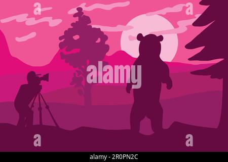 Wildlife, nature photographer flat vector illustration. Minimalistic landscape with bear silhouette Stock Vector