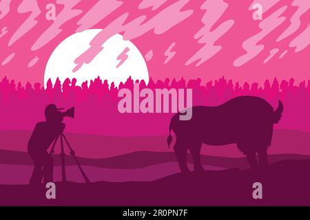 Wildlife, nature photographer flat vector illustration. Minimalistic landscape with bison silhouette Stock Vector