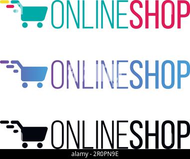 Online shop color vector lettering. Internet store typography with shopping cart isolated cliparts Stock Vector