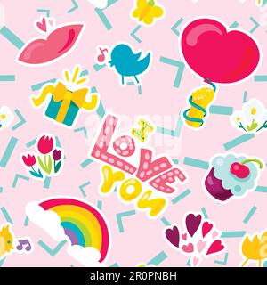 Vector Romantic Love Seamless Pattern in doodle style with shape. Girl fashion ornament. Nice cartoon background. Fun backdrop. Stock Vector