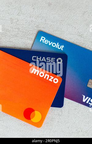 Revolut, Monzo and Chase bank cards Stock Photo