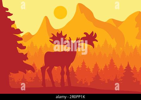 Elk in the morning coniferous forest near the mountains under sun. Bright sunrise. Natural reserve panorama. Wildlife scene. Vector Stock Vector