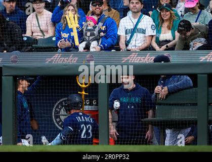 Seattle Mariners' Ty France holds his bat on his helmet after striking out  as New York Yankees catcher Kyle Higashioka walks away during a baseball  game Wednesday, May 31, 2023, in Seattle. (