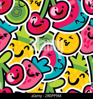 Berries and fruits mix pattern - lovely funny and bright painted pineapple, orange, watermelon and cherries with kiwi with black outline. For kids pri Stock Vector