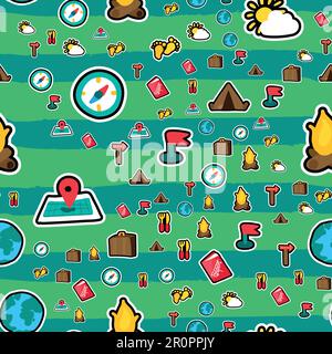 Hiking seamless vector pattern. Trip. Camping stickers on brushstrokes striped color background Stock Vector
