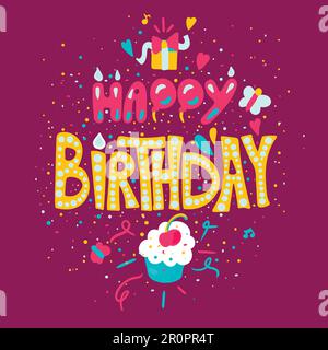 Happy Birthday Poster With Cupcake. Celebration Greeting Card. Vector Stock Vector