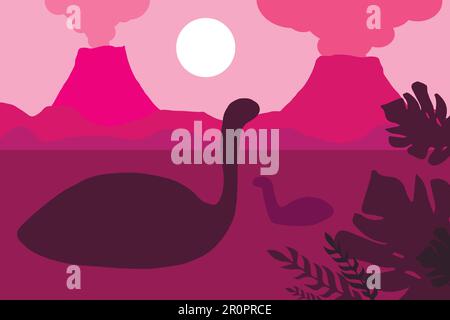 Floating dinosaurs on a background of volcanoes. Vector Stock Vector