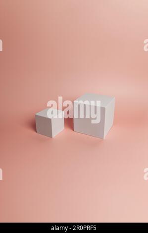 White square podium on pink background. Geometric abstract shapes for cosmetic product presentation. Two different sizes square shapes, copy space. Stock Photo