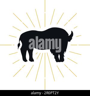 Retro standing bison silhouette logo. Nature sign and farm vintage logotype. Wild buffalo icon. Zoo or reserve symbol. Vector Stock Vector
