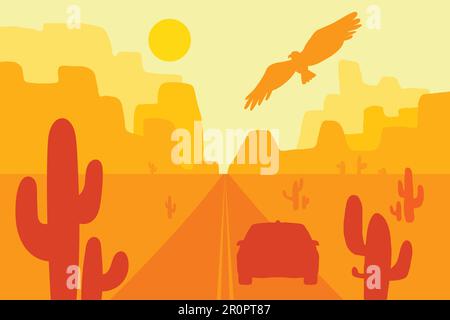 Desert landscape with eagle, cactus and sun. Wild west. Vector Stock ...
