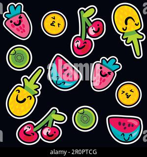 Vector Summer Fruits Patterns in cartoon style. Fruits and berries. Sweet backdrop Stock Vector