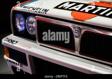 Torino, Italy - August 13, 2021: Close up of a Lancia Delta HF 4WD rally 1987 car showcased at the National Automobile Museum (MAUTO) in Torino, Italy Stock Photo