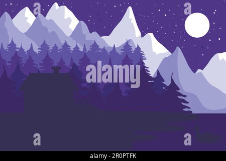 Forest house in the night coniferous forest near the mountains under moon. Vector Stock Vector