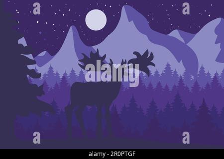 Elk in the night coniferous forest near the mountains under moon. Vector Stock Vector