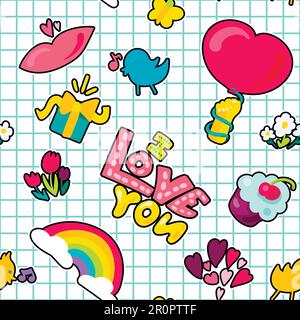 Vector Romantic Love Seamless Pattern in doodle style with shape. Girl fashion ornament. Nice cartoon background. Fun backdrop. Stock Vector
