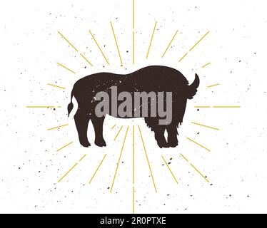 Retro standing bison silhouette logo. Nature sign and farm vintage logotype. Wild buffalo icon. Zoo or reserve symbol. Vector Stock Vector