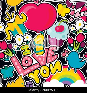 Vector Romantic Love Seamless Pattern in doodle style with shape. Girl fashion ornament. Nice cartoon background. Fun backdrop. Stock Vector