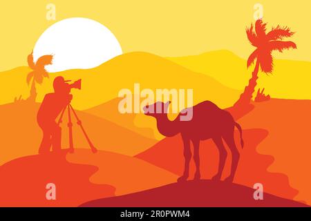 Sand Desert With Camel and Photographer, palm trees and sun. Vector Stock Vector