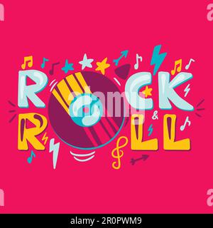 Rock n roll label with vinyl. Retro music symbol. Heavy metal sign. Vector Stock Vector