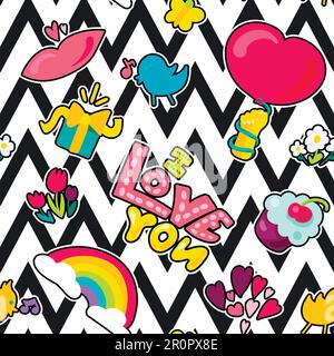 Vector Romantic Love Seamless Pattern in doodle style with shape. Girl fashion ornament. Nice cartoon background. Fun backdrop. Stock Vector