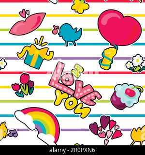 Vector Romantic Love Seamless Pattern in doodle style with shape. Girl fashion ornament. Nice cartoon background. Fun backdrop. Stock Vector