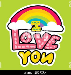 Romantic concept - I love you. The inscription with amusing colored letters with rainbow and clouds surrounded black and white outline on green backgr Stock Vector