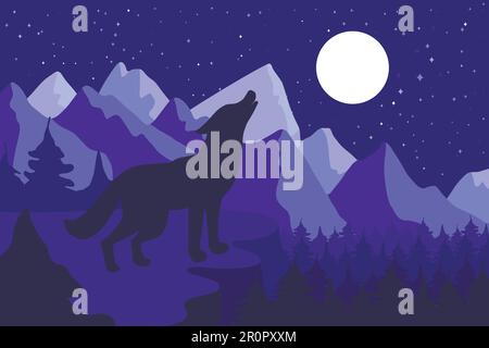 Wild Wolf Howling On The Hillside near forest and mountains. Outdoor nighr landscape and panorama with moon. Vector Stock Vector
