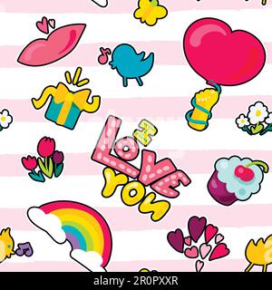 Vector Romantic Love Seamless Pattern in doodle style with shape. Girl fashion ornament. Nice cartoon background. Fun backdrop. Stock Vector