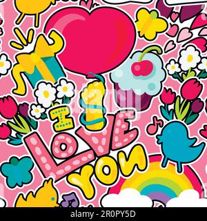 Vector Romantic Love Seamless Pattern in doodle style with shape. Girl fashion ornament. Nice cartoon background. Fun backdrop. Stock Vector